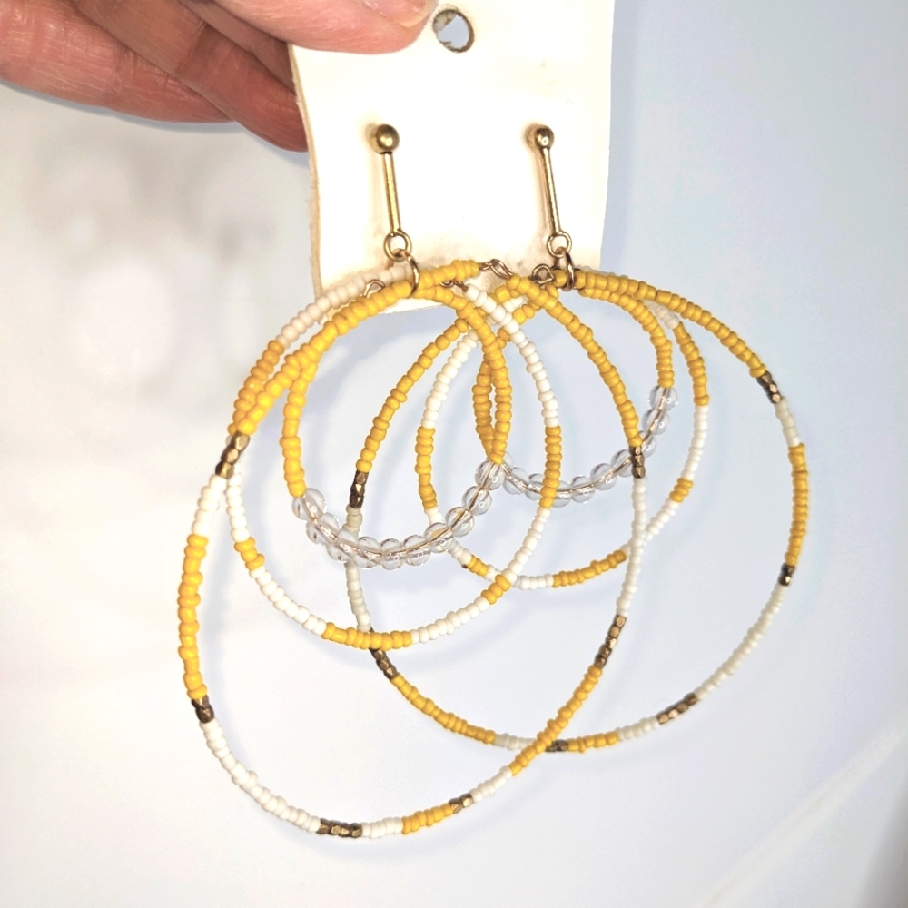 Free People NWT triple hoop bead earrings large yellow white